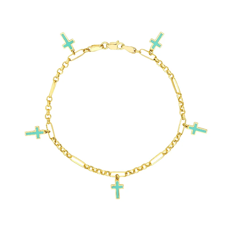 Customizable bangle bracelets with initials for a personalized, meaningful gift-Lt.Turquoise Crosses on 6+1 Rolo Chain Bracelet