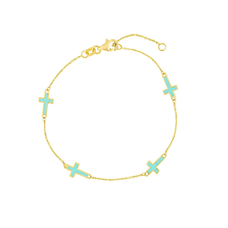 Stackable bangle bracelets with customizable charms for a personalized collection-Lt.Turquoise Enamel Crosses Station Bracelet