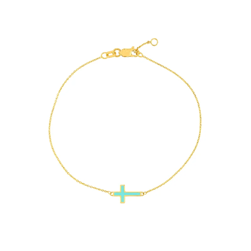 Bold bangle bracelets with textured finishes for a dynamic and modern style-Lt.Turquoise Enamel Sideways Cross Bracelet