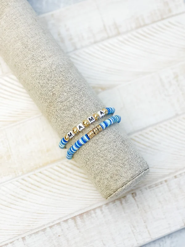 Best bangle bracelets with hammered gold finishes for a textured, rustic feel-'Mama' Stretch Bracelet Set - Blue & Gold