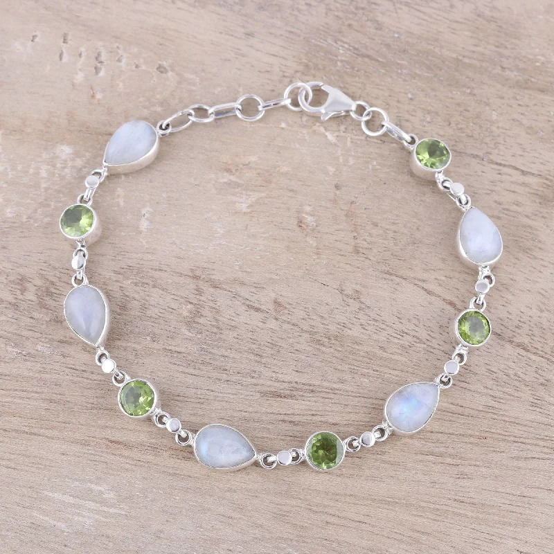 Bangle bracelets with polished marble inlays for a chic and trendy appearance-Misty Forest Sterling Silver Rainbow Moonstone and Peridot Link Bracelet