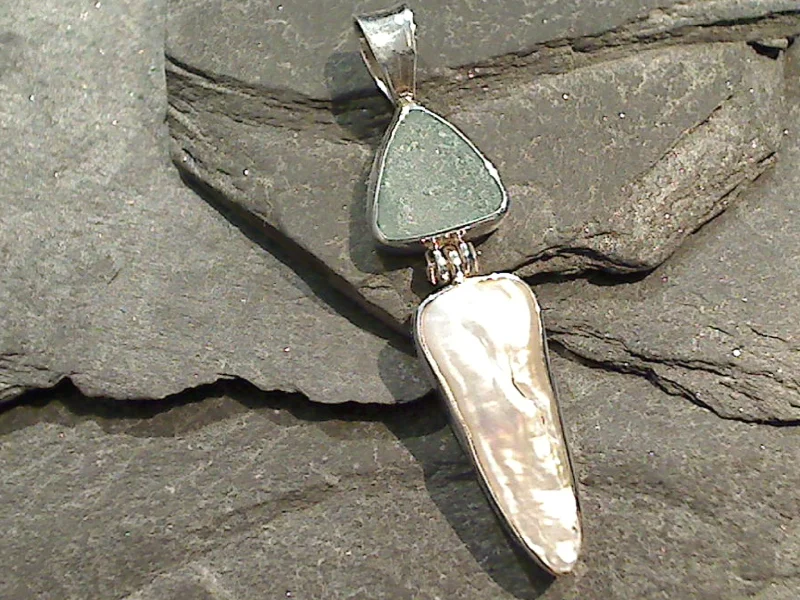 Best necklaces and pendants with glowing moonstone for an ethereal glow-Sea Glass, Biwa Pearl, Sterling Pendant