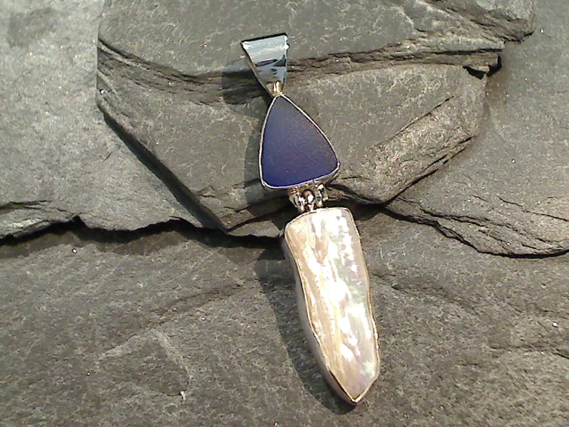 Best necklaces and pendants with opal gemstones for an iridescent glow-Sea Glass, Biwa Pearl, Sterling Silver Pendant