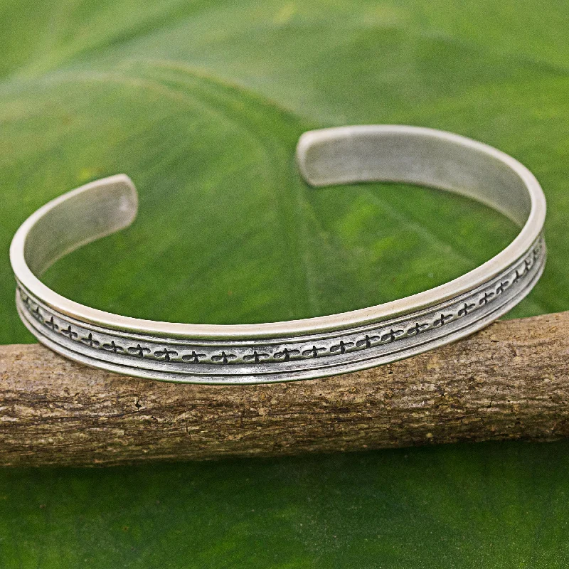 Best bangle bracelets with minimalist silver designs for a timeless, versatile look-Mom and Dad Karen Tribe Sterling Silver Cuff Bracelet Cross Thailand