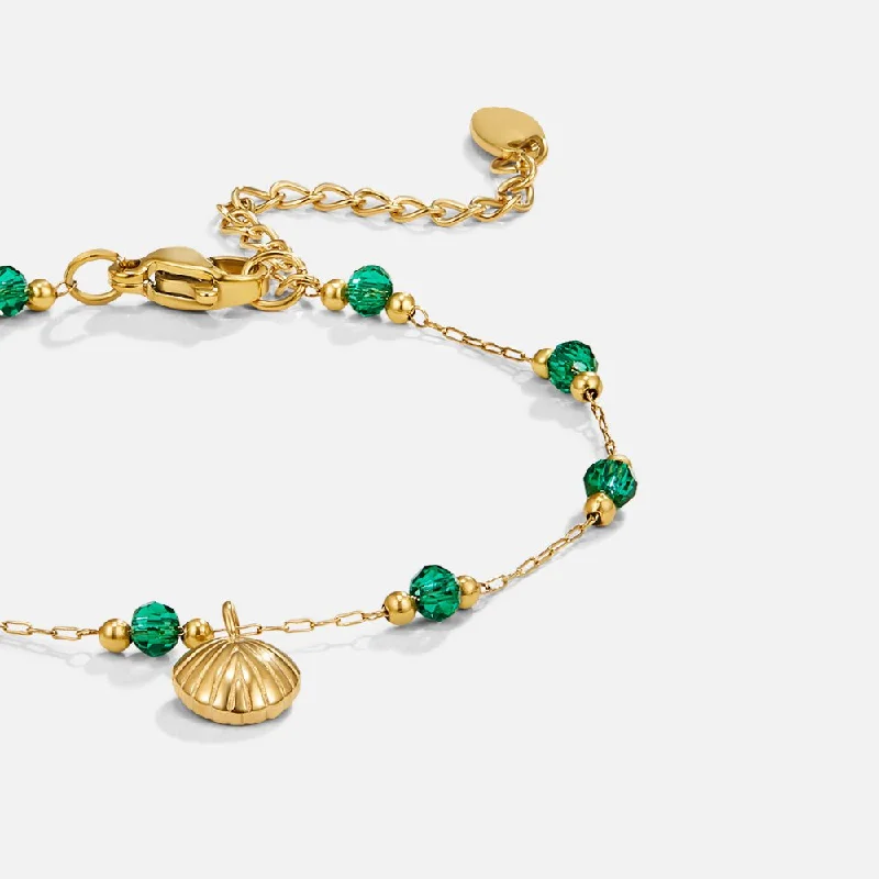 Wide bangle bracelets with bright gemstone accents for a bold, vibrant style-Nerissa Gold Shell & Green Bead Bracelet