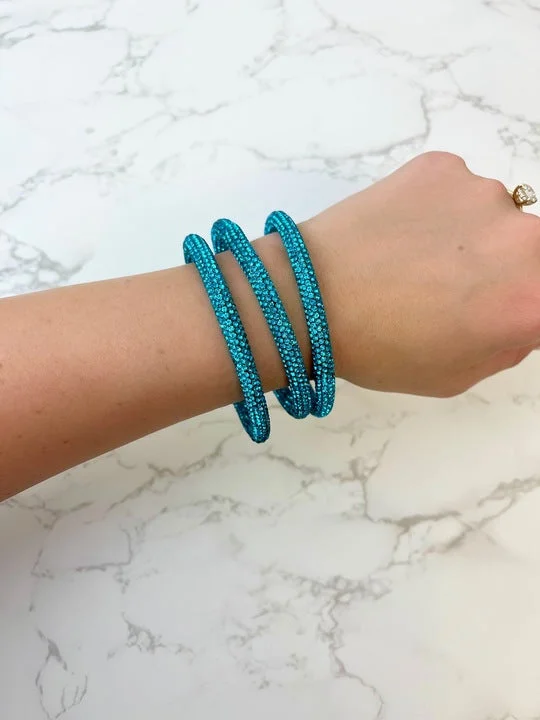 Best bangle bracelets with braided designs for a textured and sophisticated look-Pave Rhinestone Bangle Set - Aqua