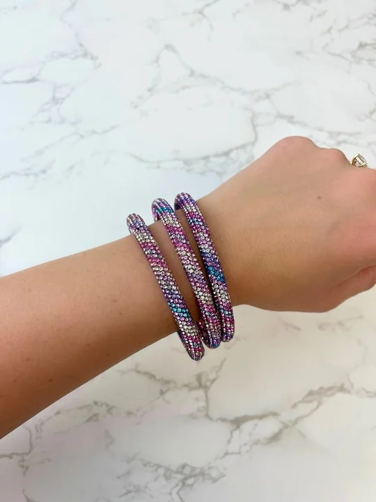 Classic bangle bracelets with pearl embellishments for a feminine and classic touch-Pave Rhinestone Bangle Set - Purple Multi