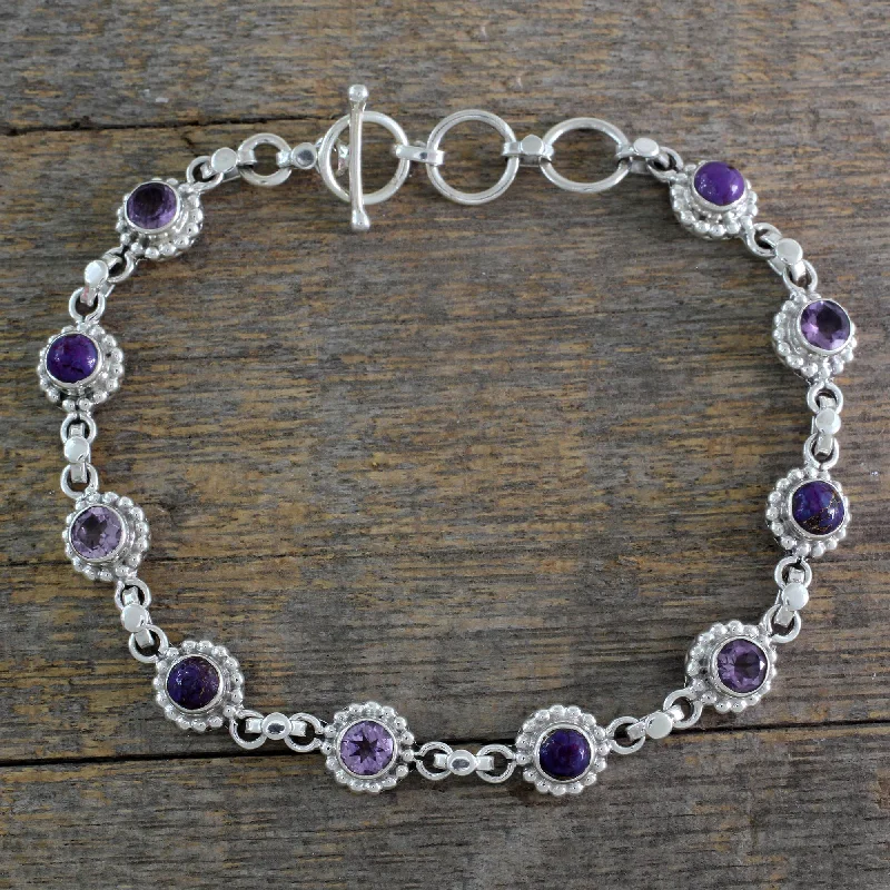 Chunky bangle bracelets with metallic finishes for a bold and statement-making look-Petite Flowers Amethyst Sterling Silver and Composite Turquoise Bracelet