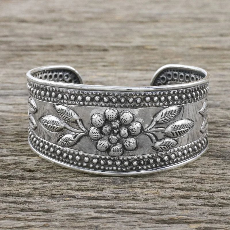 Bangle bracelets with enamel inlay designs for a colorful and eye-catching appearance-Pleasure in Paradise Handmade Sterling Silver Floral Cuff Bracelet from Thailand