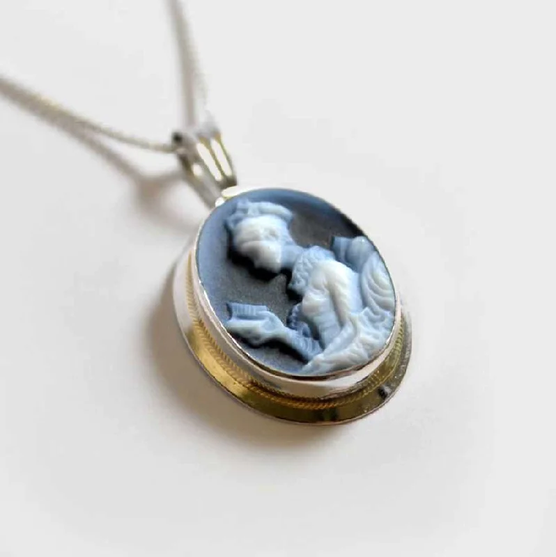 Necklaces and pendants with clear quartz for a pure and radiant look-Reading Lady Blue Agate Cameo Necklace