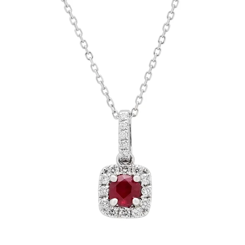 Necklaces and pendants with custom engravings for a personal, meaningful gift-Ruby Halo Necklace in 14kt White Gold with Diamonds (1/7ct tw)