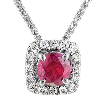 Beautiful necklaces and pendants with gemstone teardrops for an elegant effect-Ruby Necklace with Diamond Halo in 14kt White Gold (.05ct tw)