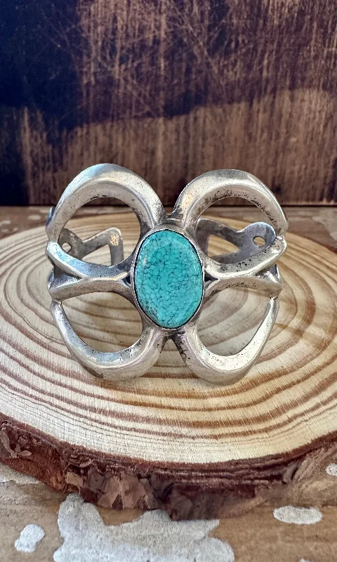 Best necklaces and pendants with intertwined designs for a symbol of unity-AMERICAN BEAUTY Vintage 60s 70s Sandcast Silver & Turquoise Cuff 40g