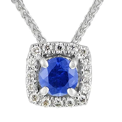 Stunning necklaces and pendants with amethyst gemstones for a calming effect-Sapphire Halo Necklace in 14kt White Gold with Diamonds (1/20ct tw)