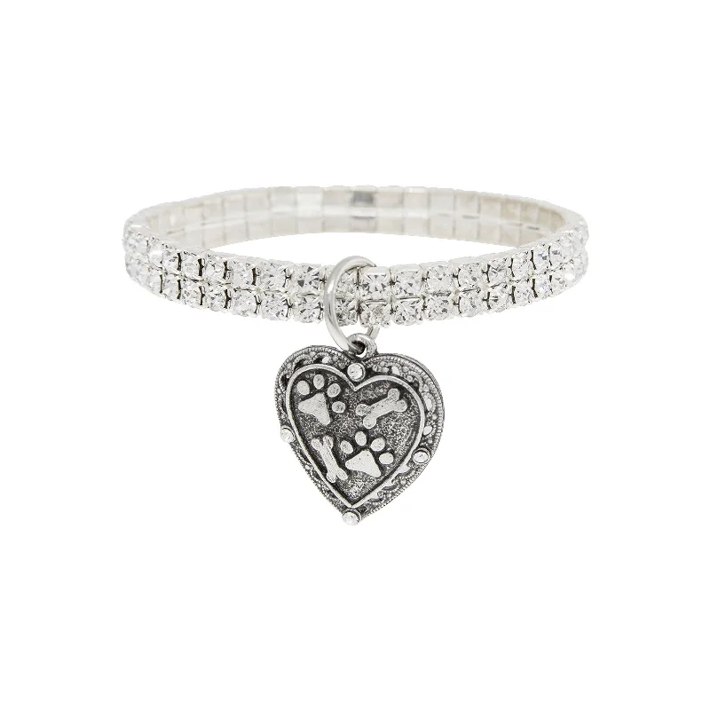 Customizable bangle bracelets with initials for a personalized, meaningful gift-1928 Jewelry® Silvertone Two Row Crystal Stretch Bracelet With Paw And Bones Heart Charm