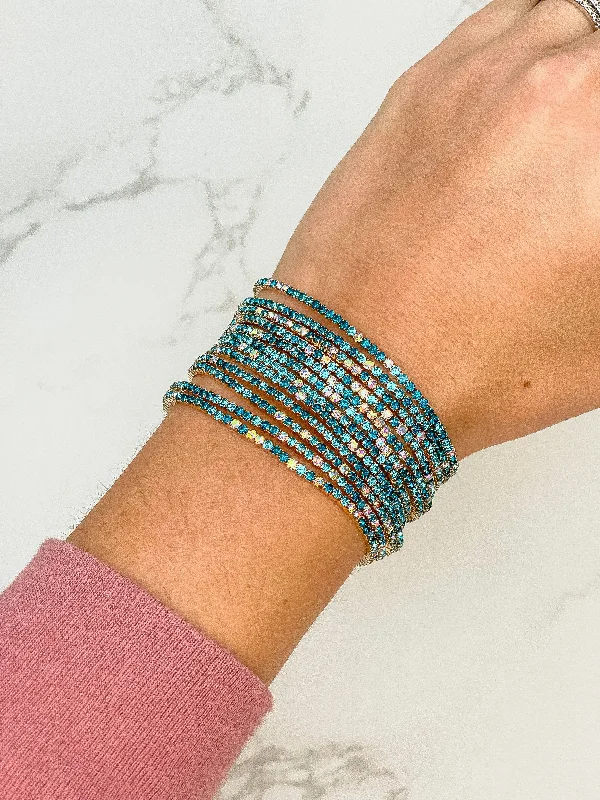 Best bangle bracelets with pearls and crystals for a glamorous and sophisticated look-Skinny Gold Stretch Bracelet Stack - Blue