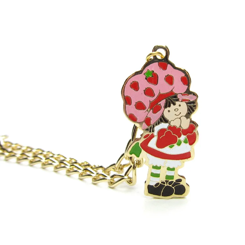 Best bangle bracelets with hand-crafted details for a unique and artisanal touch-Strawberry Shortcake Bracelet Gold Vintage 1980 with Enamel Charm