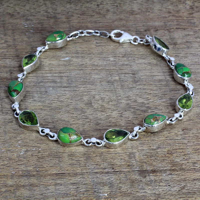 Bangle bracelets with colorful gemstone accents for a fun and vibrant pop of color-Sunny Drops in Green Peridot Composite Turquoise Link Bracelet from India