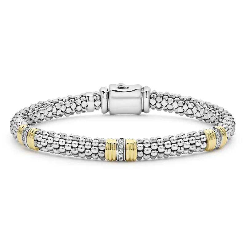 Bangle bracelets with gold and silver mixed metals for a stylish and versatile accessory-Triple Diamond Station Caviar Bracelet | 6mm