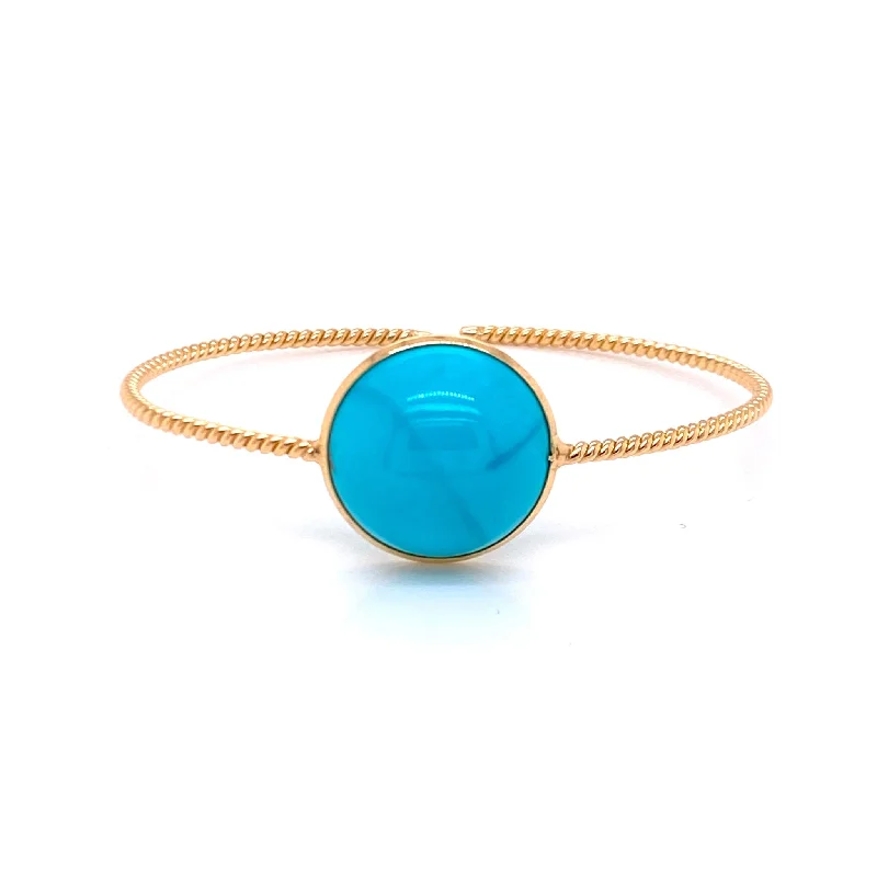 Bold bangle bracelets with mixed materials like wood, metal, and fabric-Turquoise Round Bangle In 18K Yellow Gold