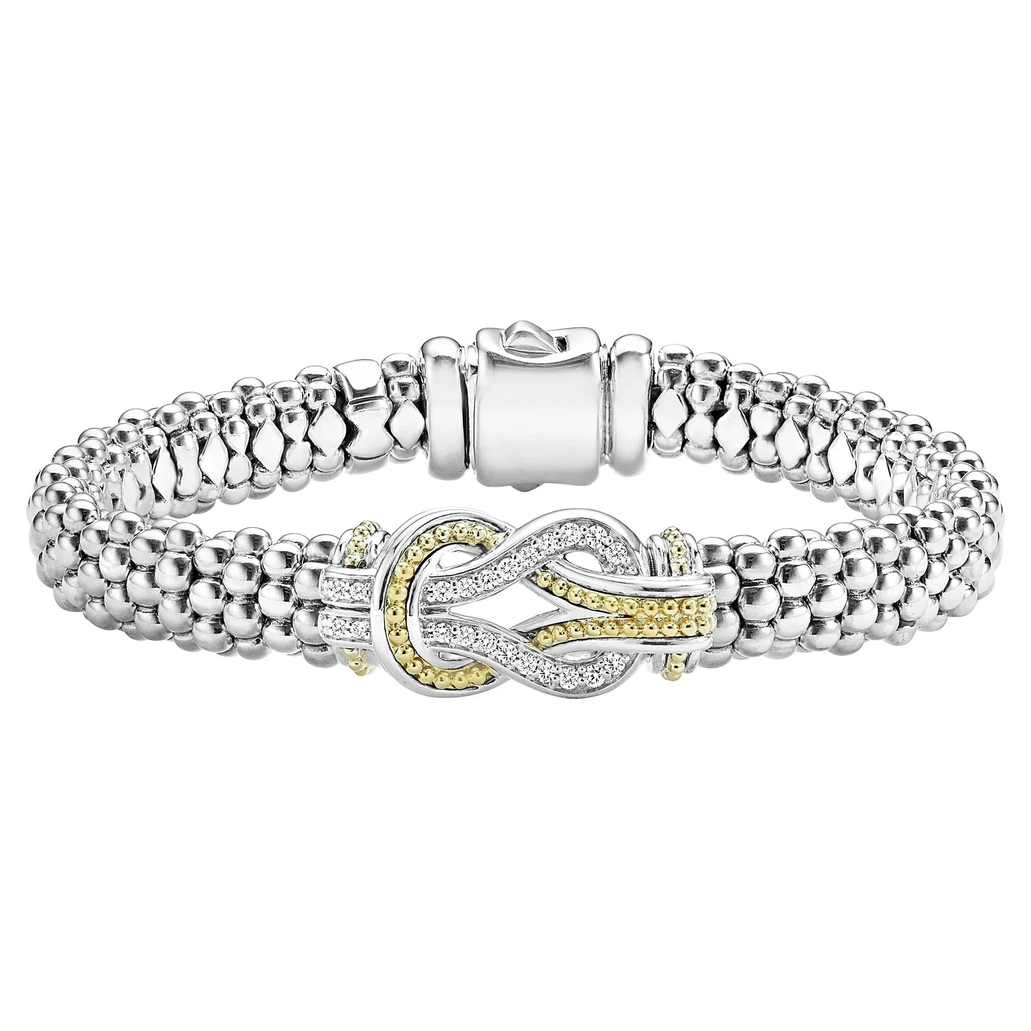 Luxury bangle bracelets with diamond accents for a sparkling, high-end accessory-Two-Tone Knot Caviar Diamond Bracelet | 9mm