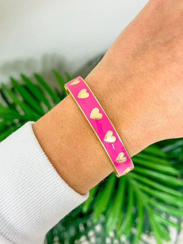 Bold bangle bracelets with mixed materials like wood, metal, and fabric-Valentine's Heart Hinge Bangle - Fuchsia