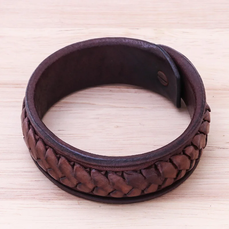 Wide bangle bracelets with bohemian designs for a bold and carefree style-Weaver's Life Brass & Leather Wristband Bracelet