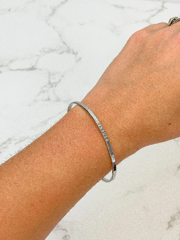 Wide bangle bracelets with modern geometric patterns for a bold fashion statement-'You Are Enough' Silver Sentiment Bracelet - White